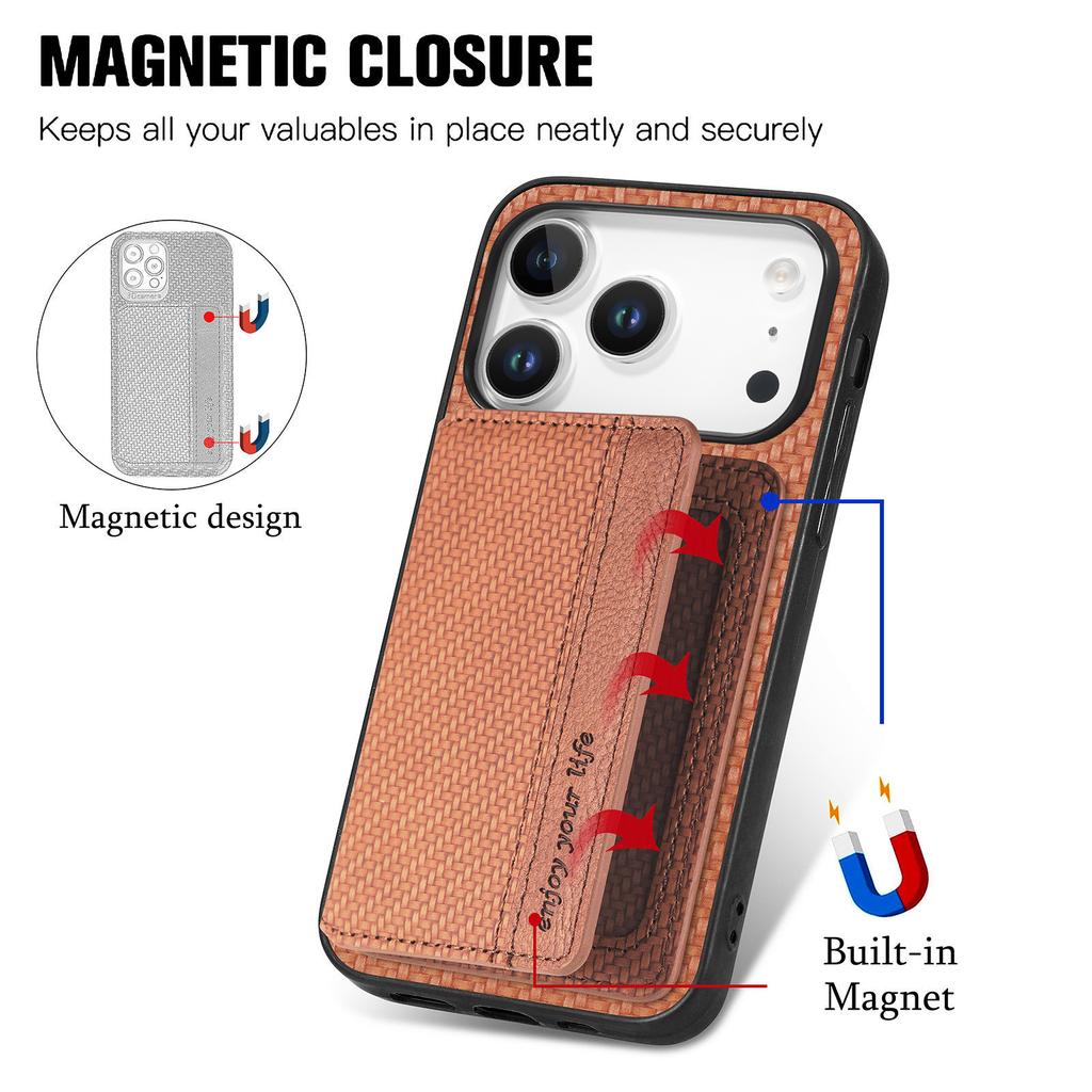 For iPhone 17 Pro Case RFID Blocking Carbon Fiber Leather Phone Back Cover with Card Holder