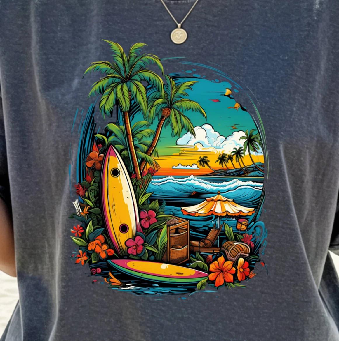 Tropical Surf Scene T-Shirt | Hawaiian Vibes Tee, Ocean Lover s, Scenic Hawaii S