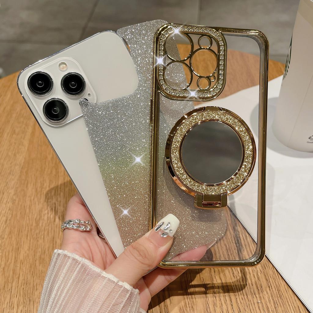 For iPhone 14 Pro Max Cover TPU Magnetic Phone Shell with Acrylic Mirror PC Kickstand Cover