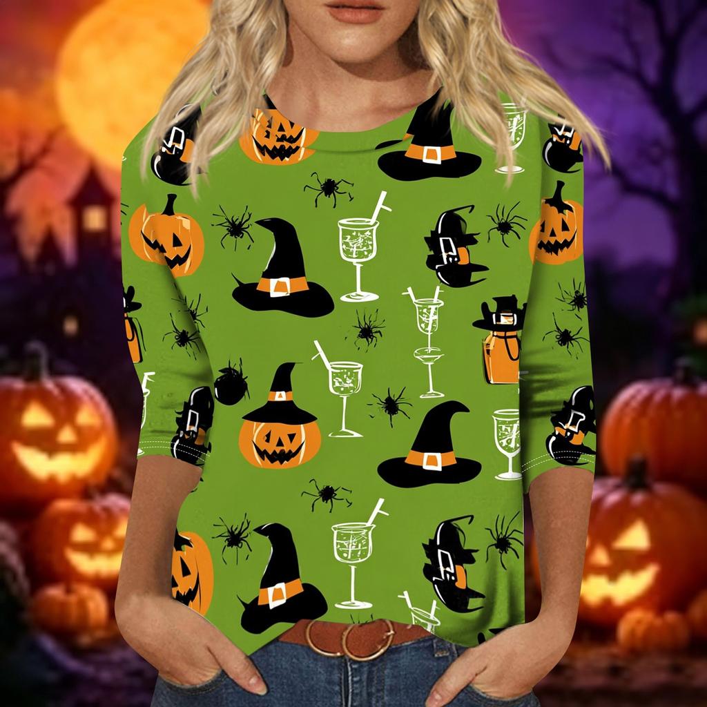 Women's Casual Halloween Print Top Three Quarter Sleeve Crew Neck Shirt Lightweight Comfortable Fit Seasonal Design