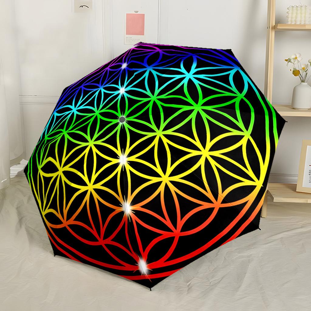 Flower of Life Rainbow Pattern Automatic Umbrella Retractable Design with 8 Rib Durability Durable Plastic Iron Travel Essential