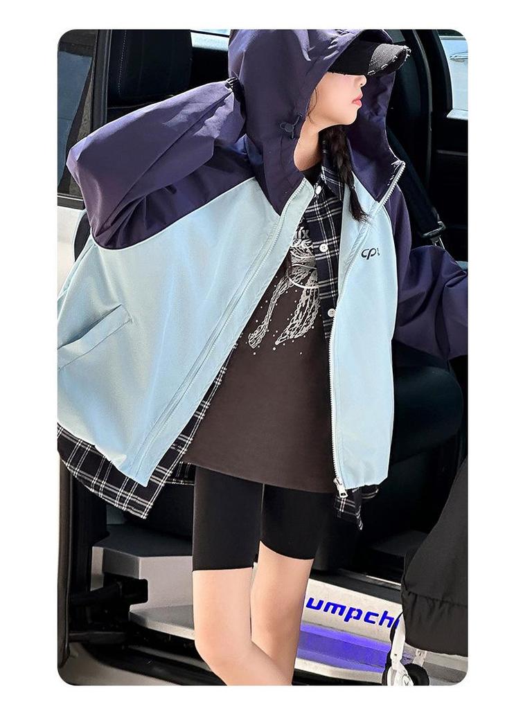 Girls' Color Block Hooded Windbreaker Jacket - 2025 Autumn Trend, Stylish Raglan Sleeve Fashion for Medium & Large Children