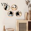 Rounded Corner Wood Art 4 Pcs Minimalist Black Cat Wall Art, Geometric Round Circle Wooden Non-toxic Coating Decor, Abstract Hanging Sign for