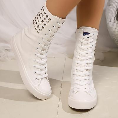 Kurz Schnürung vorne Reißverschluss seitlich Damenschuhe Innere Höhe Nieten Canvas-Schuhe Freizeitschuhe Trend Mode