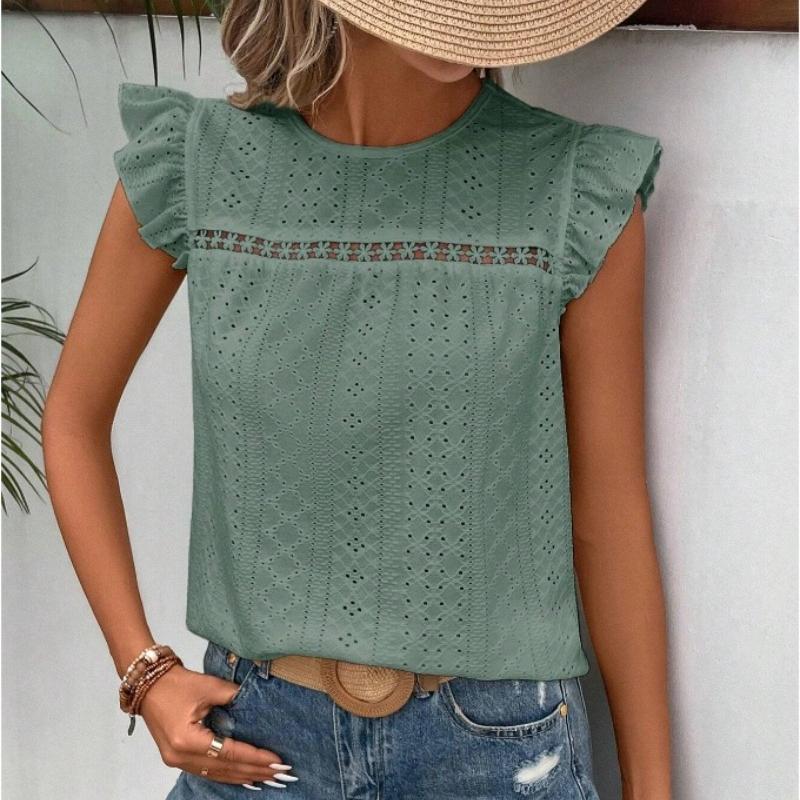 Summer New Round Neck Hollow Loose Lace Shirts Women Elegant Solid Ruffled Short Sleeve Casual Blouse Women Tops Slim Fit Vintage Fashion Shirt 26600
