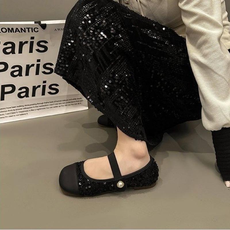 Women's Flat Shoes Black Round Toe Sequins Ladies Footwear Low Heel Elegant Slip on 2025 Summer Fashionable Korean Style Popular