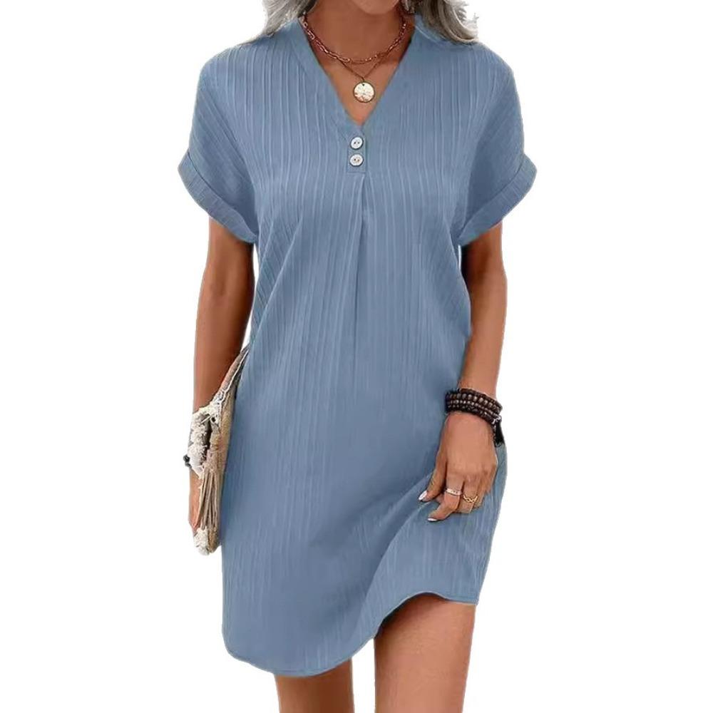 Women's V-Neck Solid Color Pullover Dress, Comfortable Casual Button-Down Midi Dress ,Casual V-Neck Solid Dress, Soft Pullover Style Button Dress