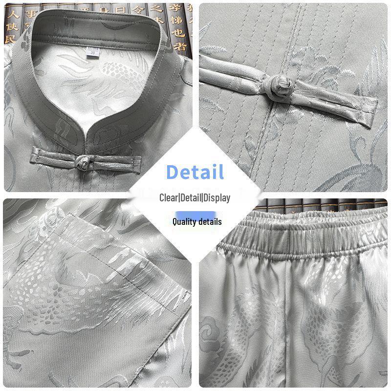 Men's Ice Silk Tang Suit Short Sleeve Set - Chinese Style Summer Clothing for Middle-Aged and Elderly