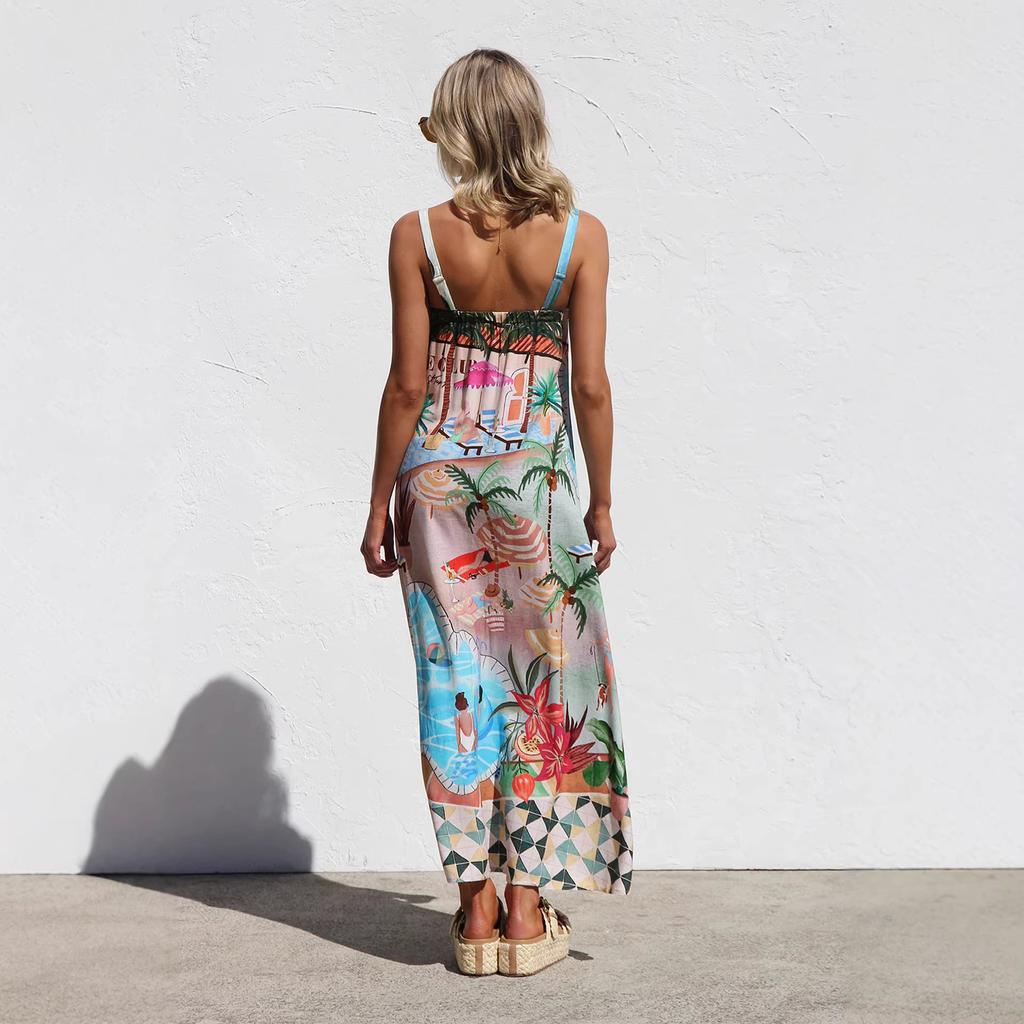 New European and American sexy suspender graffiti linen print large pendulum dress for women