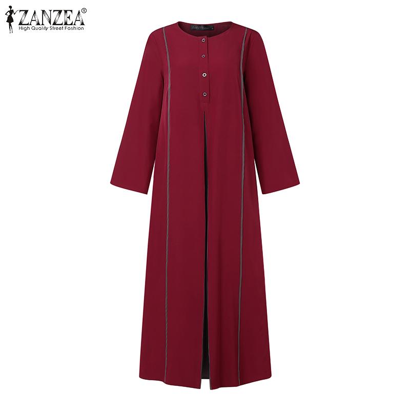 ZANZEA Damen Lässig O-Ausschnitt Locker Langarm Patchwork Langes Kleid