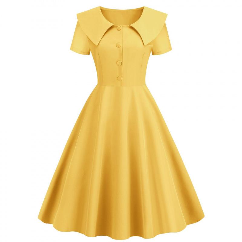 Vintage Solid Color Short Sleeve Button Casual Party Dress 2026