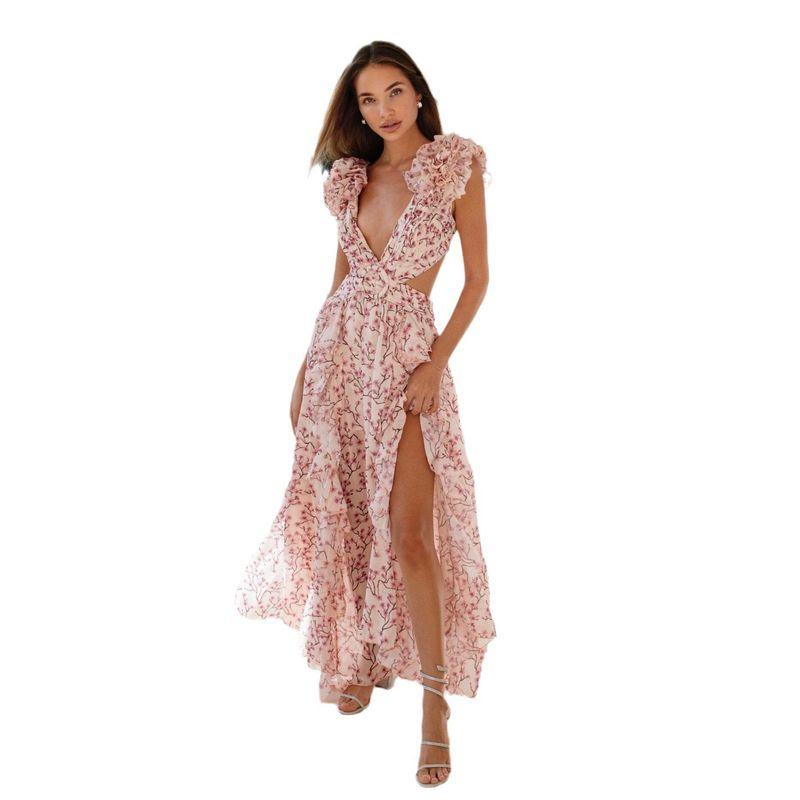 Floral Ruffled V Deep Fit Slim Hollow Dress Backless Slim dress