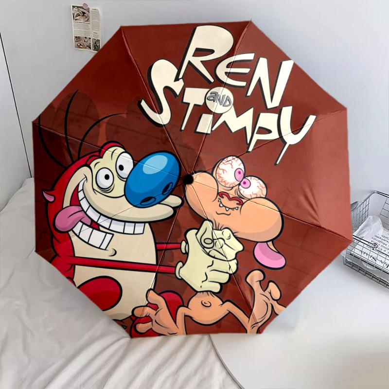 Ren and Stimpy pattern, automatic folding umbrella, portable and foldable design, 8 ribs, a Christmas or birthday gift.