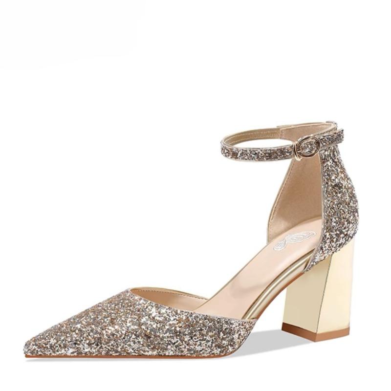 

Fashion Fall New Coarse Heel Shoes Women s Fashion Pointy Shallow Mouth Glitter One-line Buckle Anti-slip Wear-resistant Low-top Shoes 40 золотой