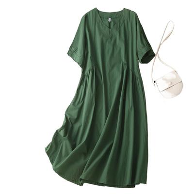 Real Summer New Literary Large Size Loose Solid Color V-neck Short-sleeved Dress Women's Medium and Long Models