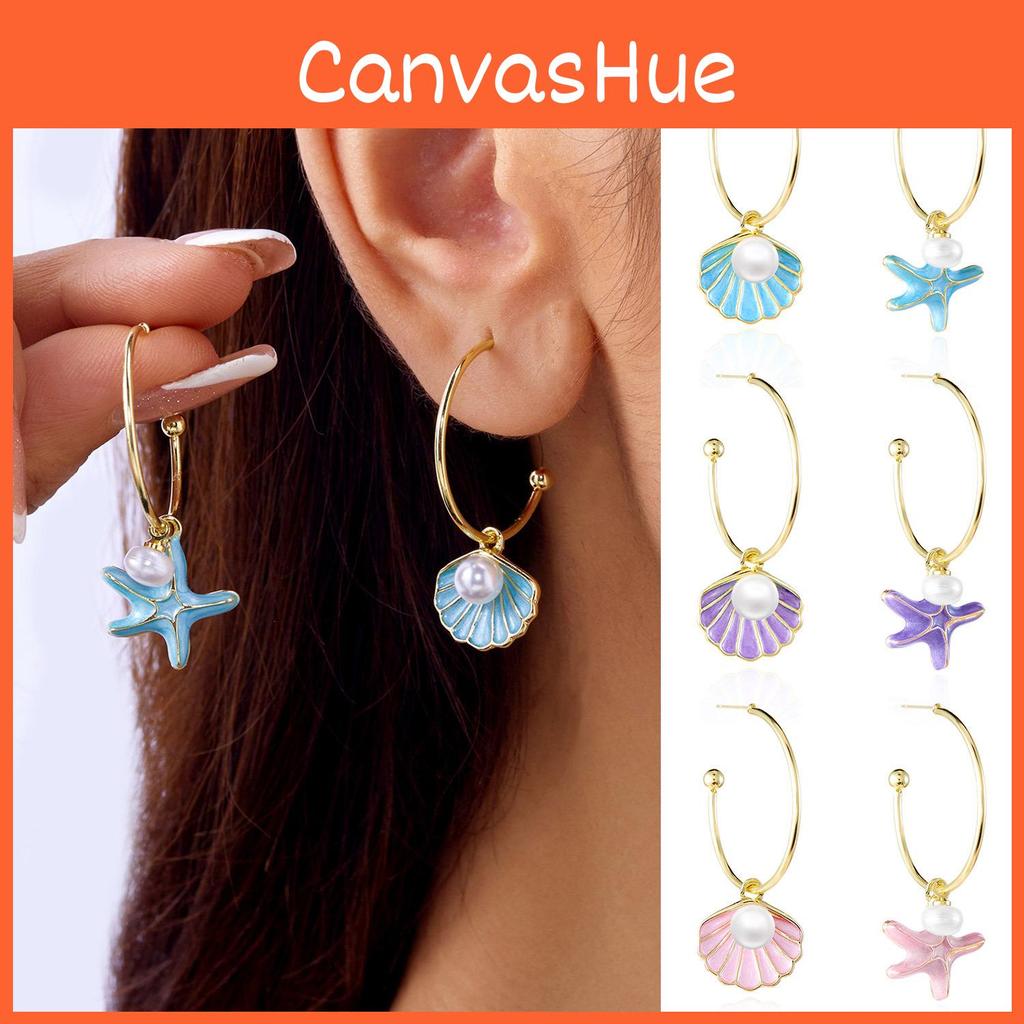 Summer Shell Pearl Drop Earrings For Women With Alloy And French Asymmetric Design