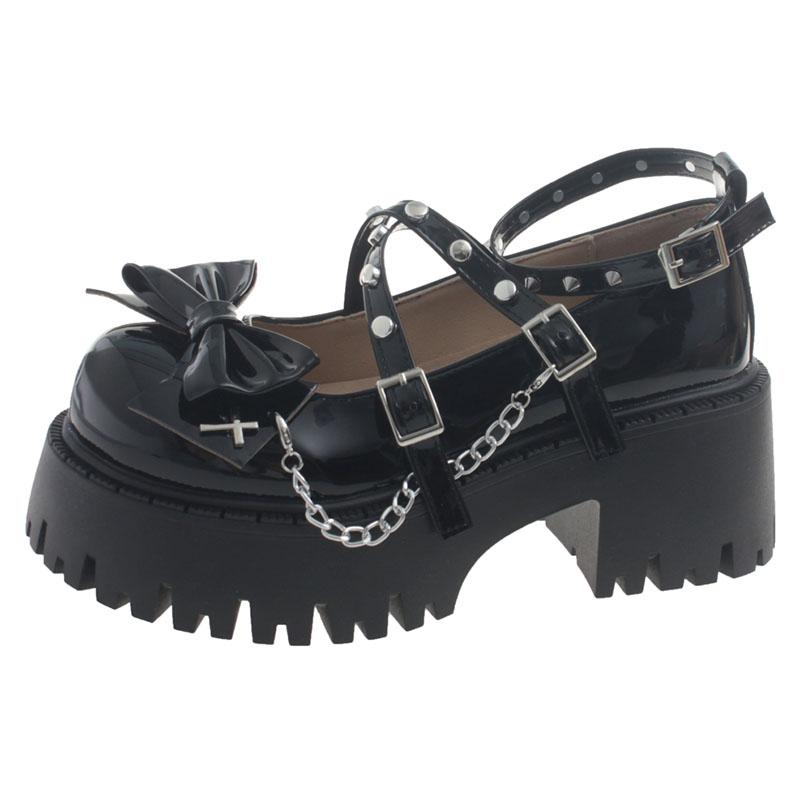 Y2K Rivet Ankle Strap Mary Janes Women 2024 New Chain High Heels Platform Pumps Woman Bowknot Thick Bottom Punk Gothic Shoes