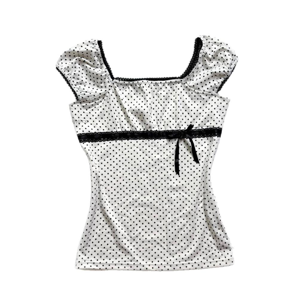 2026 French Retro Black & White Polka Dot Puff Sleeve Square Neck Top