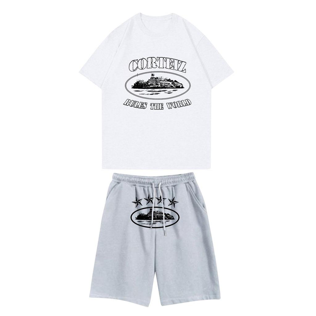 Unisex Jogging Set Summer Casual Printed Round Neck Short Sleeve T-Shirt + Shorts Set Sports Suit