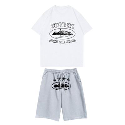 Conjunto de corrida unissex verão casual estampado gola redonda manga curta camiseta + shorts conjunto terno esportivo