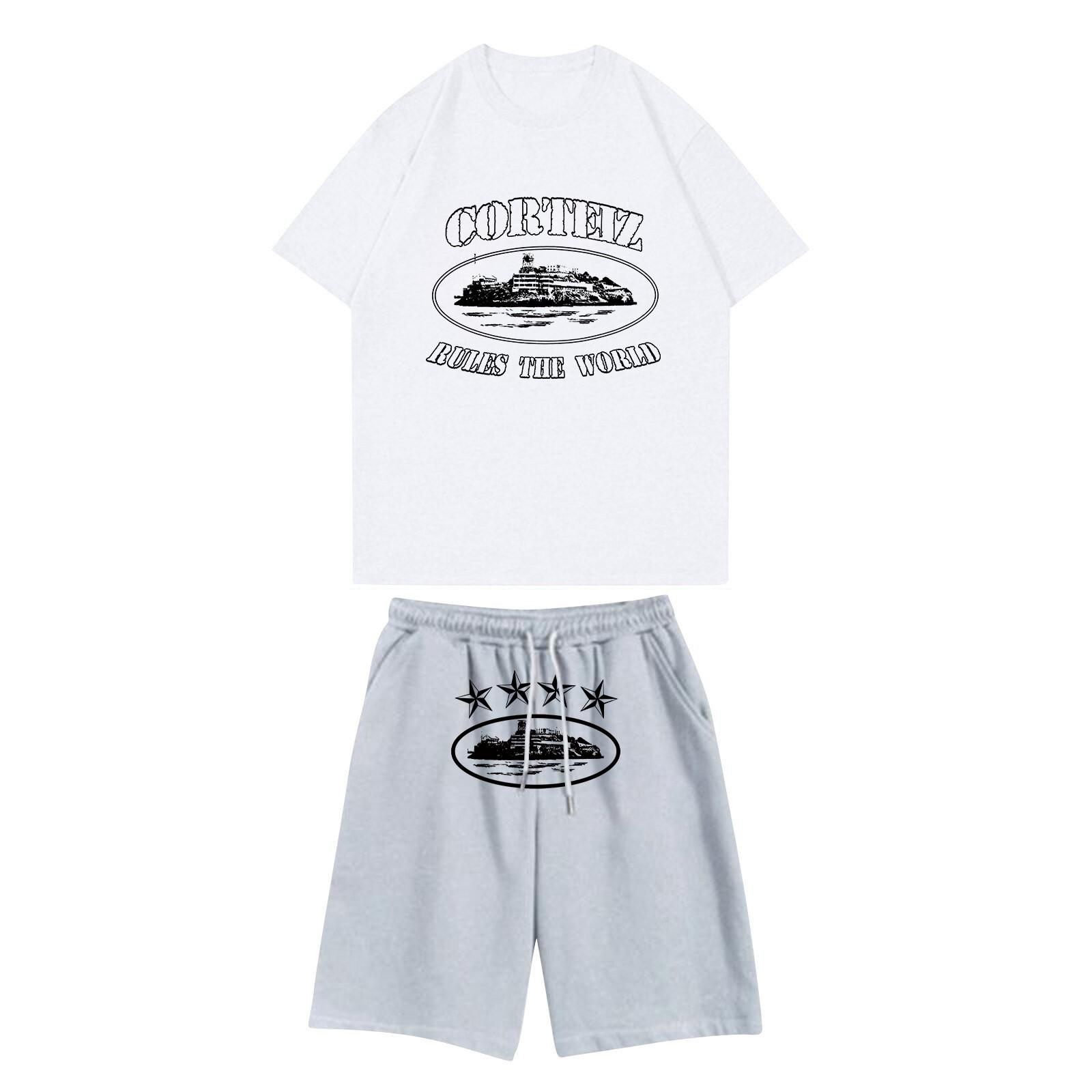 

Unisex Jogging Set Summer Casual Printed Round Neck Short Sleeve T-Shirt + Shorts Set Sports Suit L белый