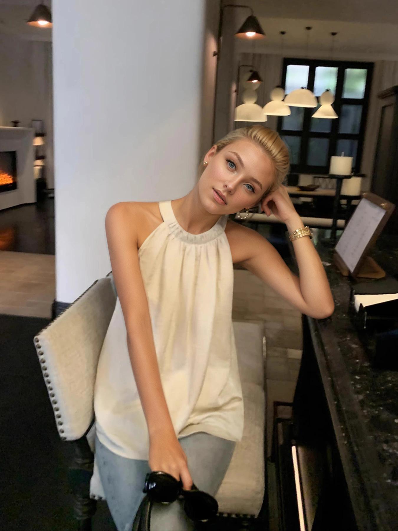 2026 French neck vest women s summer loose drape and thin temperament sleeveless off-shoulder holiday style suspender top S абрикосовый