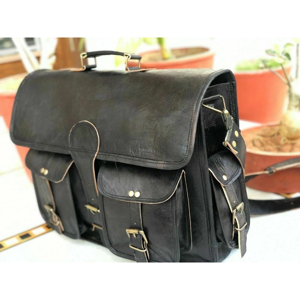 Messenger Shoulder Laptop Briefcase Travel Bag Men Black Leather Vintage