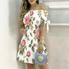 Women Plus Size White Off Shoulder Short Sleeve Tie Cuff Floral Printed A Line Dress