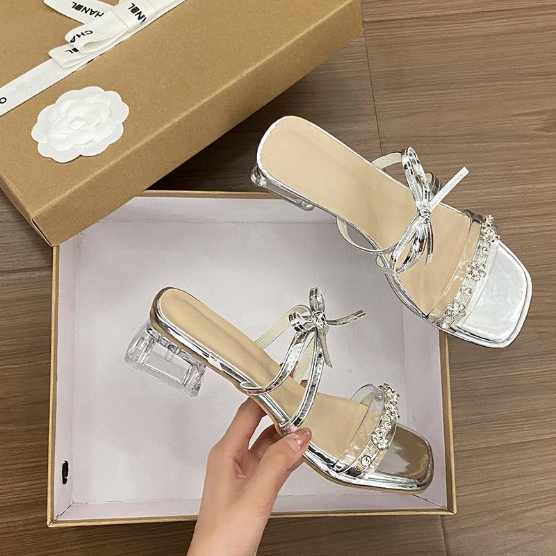 Fashion Shoes Ladies' Slippers Glitter Slides Med Square Heel Butterfly-Knot Fashion Jelly Block Luxury Butterfly-knot Crystal Med Glitt