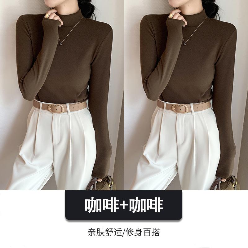 Combination Semi-turtleneck Double-sided German Velvet Bottoming Shirt for Women's Autumn and Winter with Solid-color Warm Long-sleeved Top