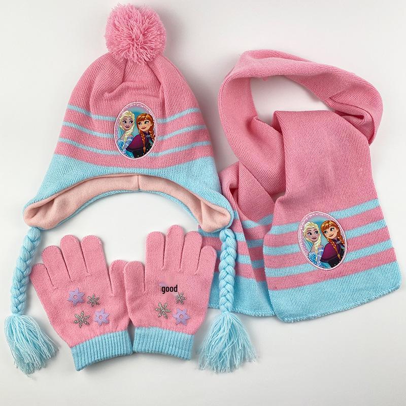 Princess Snowflake Knit Hat, Scarf, and Gloves Set for Girls – Winter Warmth with Cartoon Design