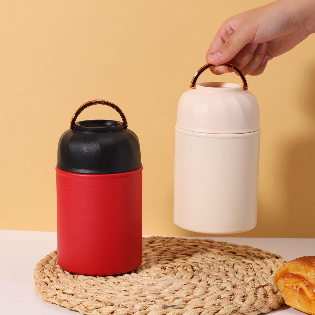 Thermal Cooker Set: Solid Color Insulated Lunch Box & Stainless Steel Spoon