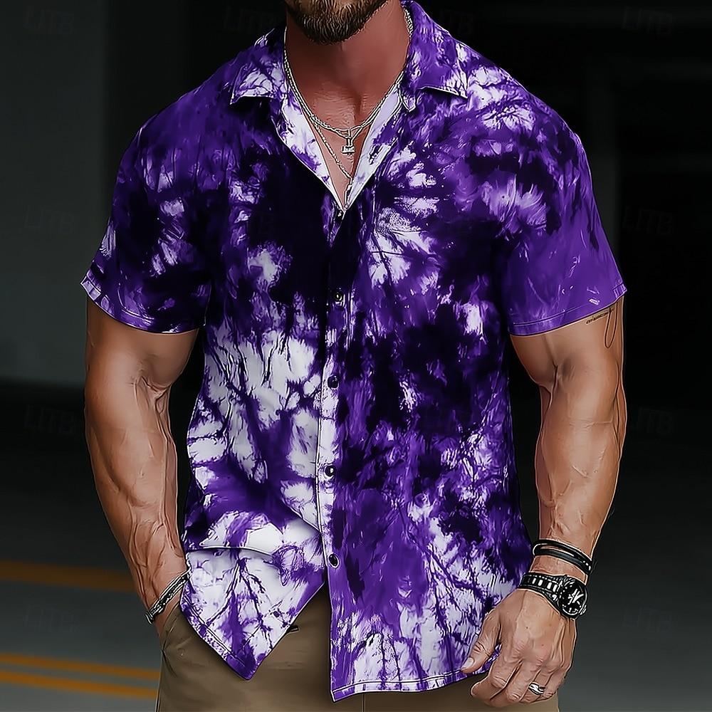 Men s Hippie Gradient Tie Dye 3D Print Shirt Turndown Collared Short Sleeve Button Up Blue Purple Green for Spring & Summer S