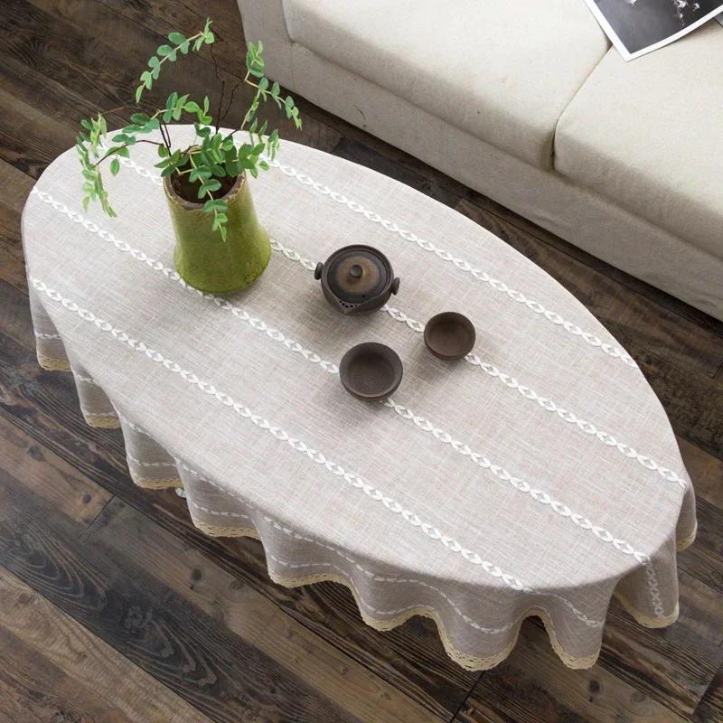 Cotton and Linen Oval Tablecloth Tea Table Striped Tablecloth Lace Coffee Tea Table Cloth Modern Nordic Table Cover Decoration
