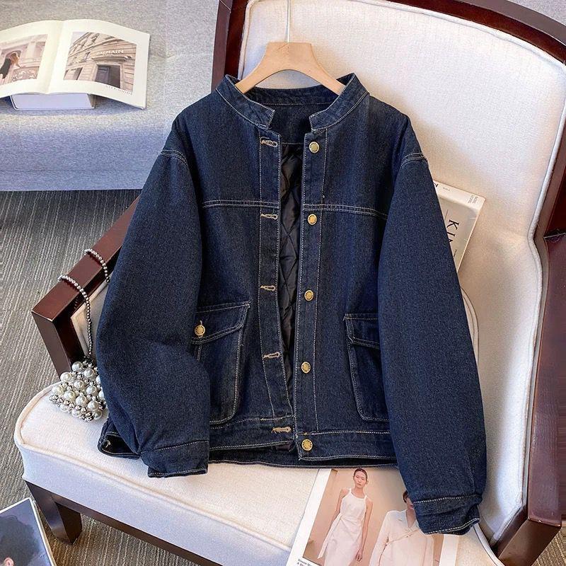 Winter 2025 Women's Slim Fit Blue Denim Long-Sleeve Jacket with Raglan Sleeves and Round Neck