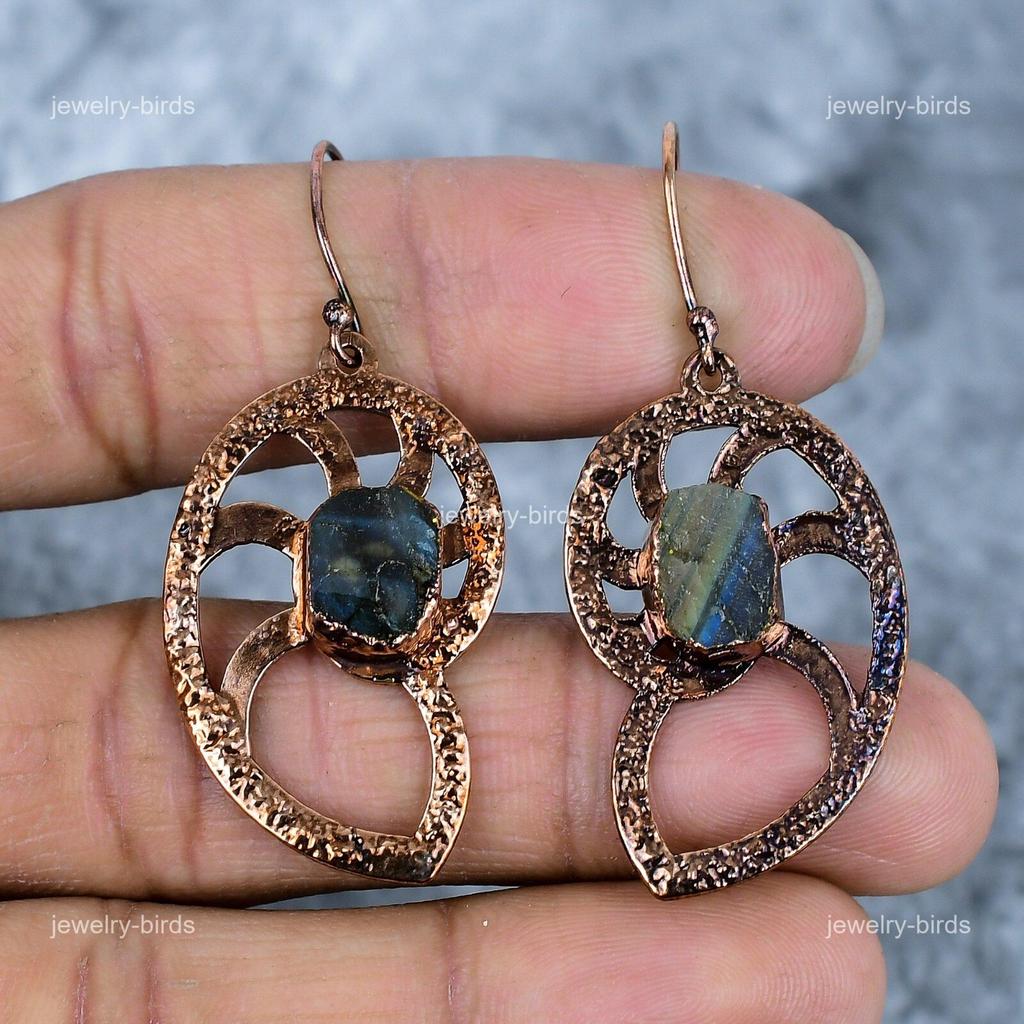 Fancy Labradorite Stone Electroformed Handmade Dangle Drop Hook Earrings Copper VP-79