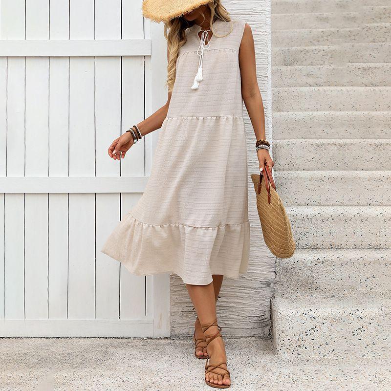

New Arrival European and American Leisure Vacation Minimalist Sleeveless Loose Straight Pure Color Dress Women Khaki S