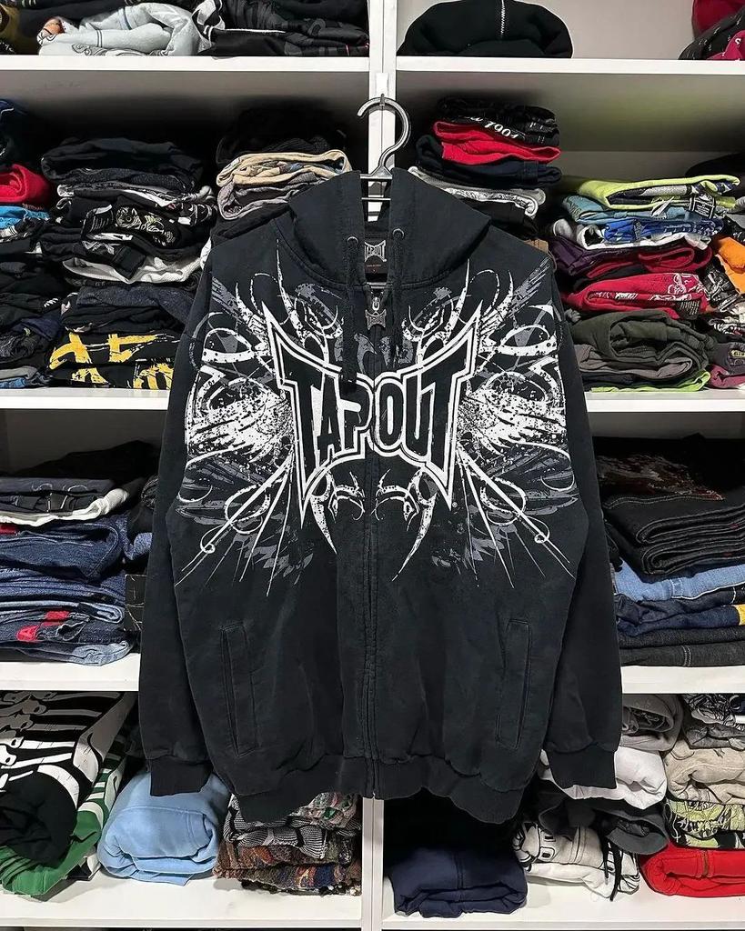 Y2K skeleton zip hoodie 90s retro pattern print zip top tap sweatshirt