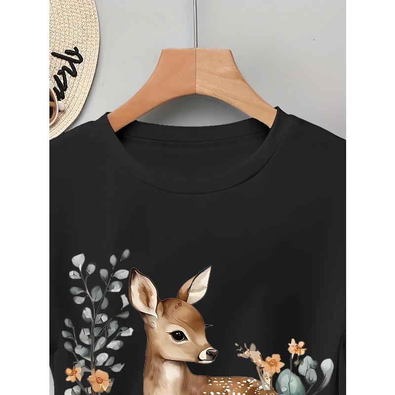 European sizes Women'S Short Sleeve T-Shirt with Deer & Floral Print - Casual Round Neck Tee, Lightweight & Breathable for Spring/Summer