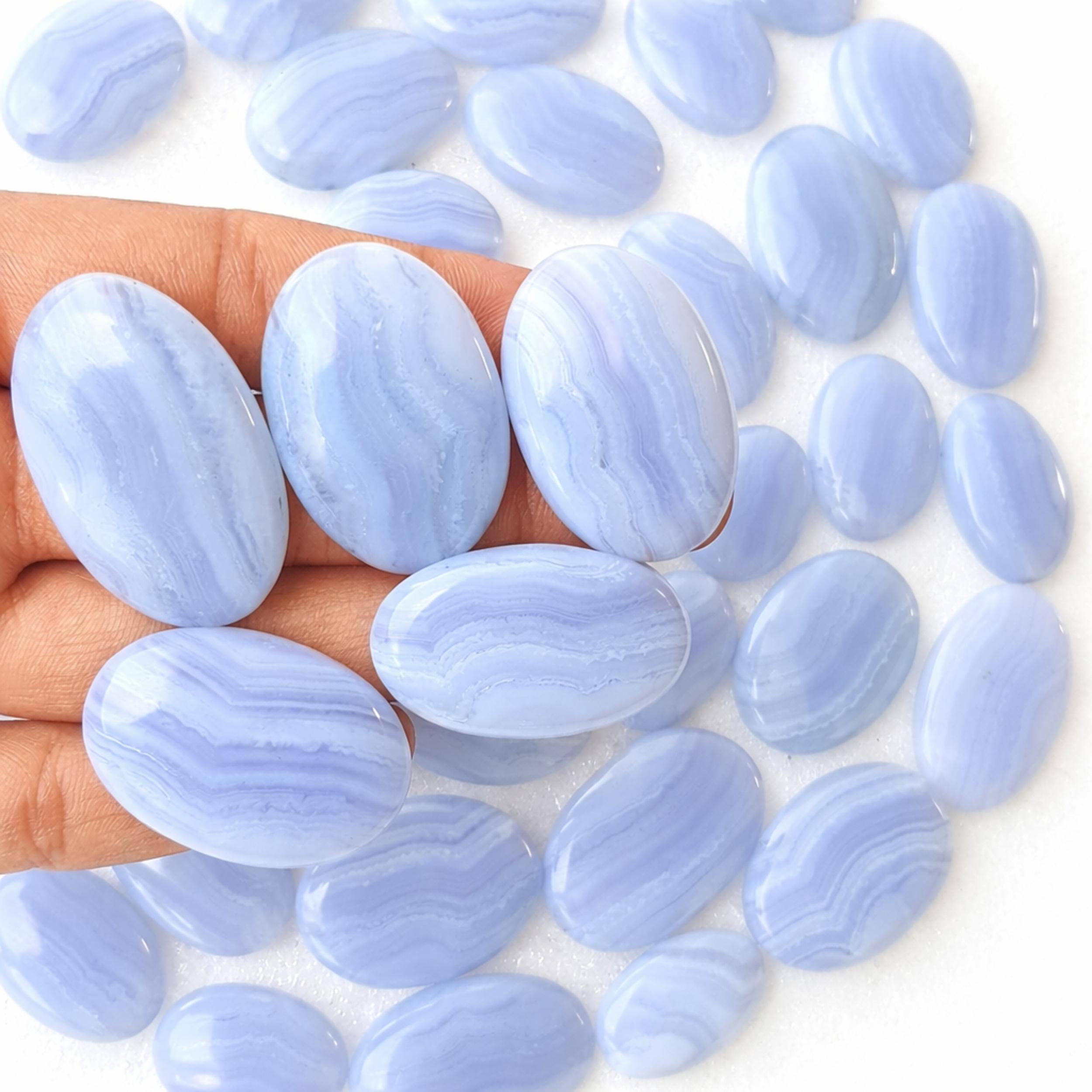 Blue Lace Agate Oval Cabochon Lot – Natural Banded Gemstone Flat Back for Wire Wrapping & Jewelry Making 100 Carats синий