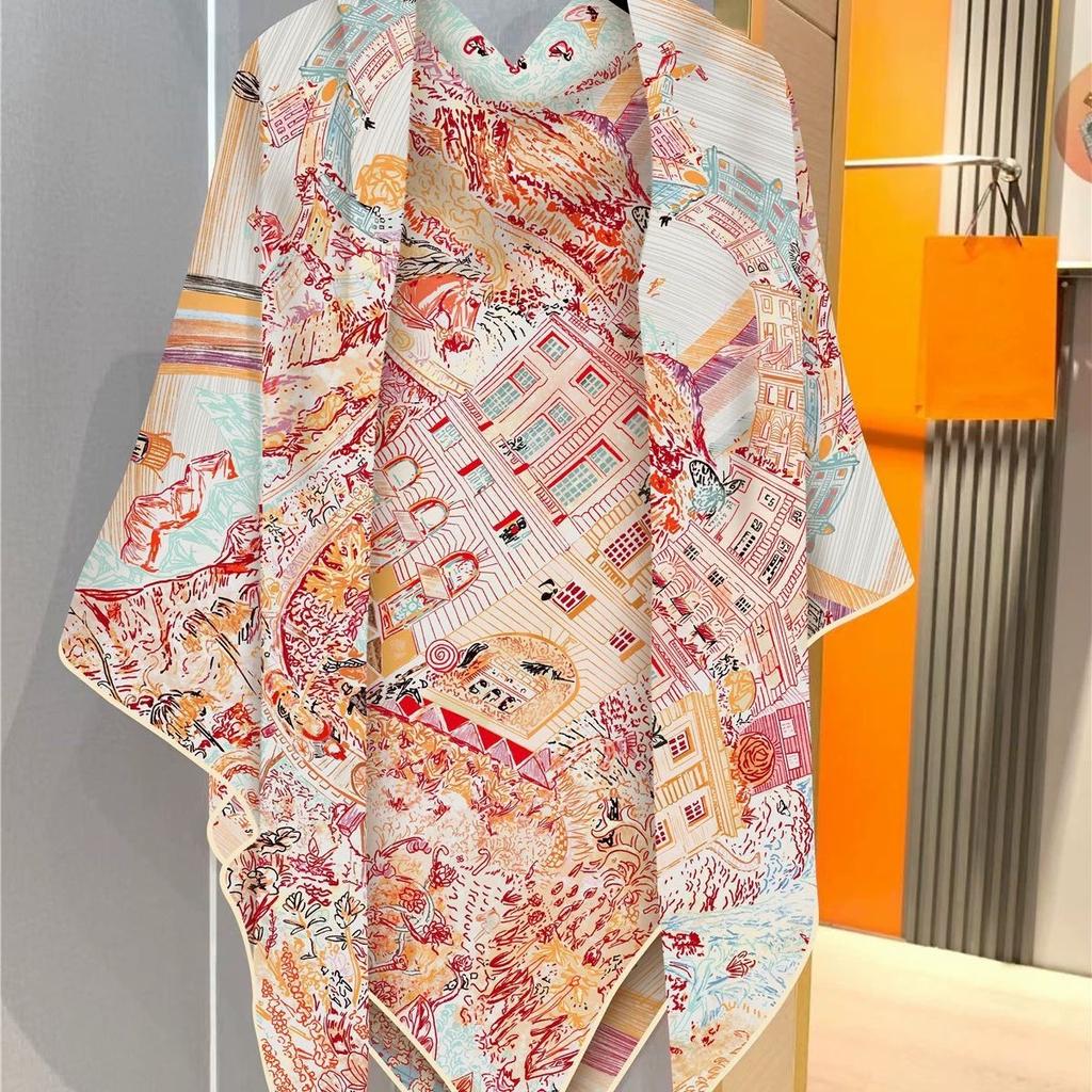 Autumn/Winter 130cm Faux Silk Wool Square Scarf Women's Warm and Elegant Castle Pattern Scarves Wraps Pashmina Hijab