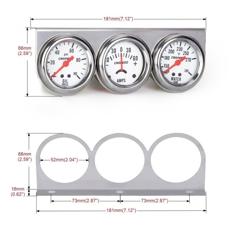 2" 52mm Oil Pressure Amp Meter Water Temp Triple Gauge 3 in 1 Set Chrome Panel