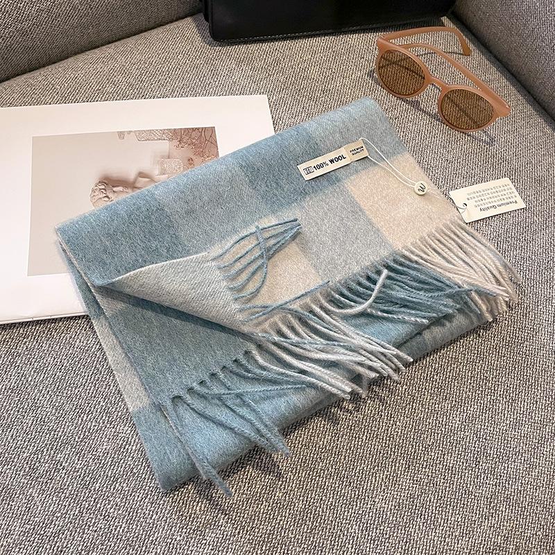 100% Pure Wool Scarf Female Winter Warm Cashmere Shawl Checkerboard Grain Design Couple Accessory Premium Sense Windproof Scarf