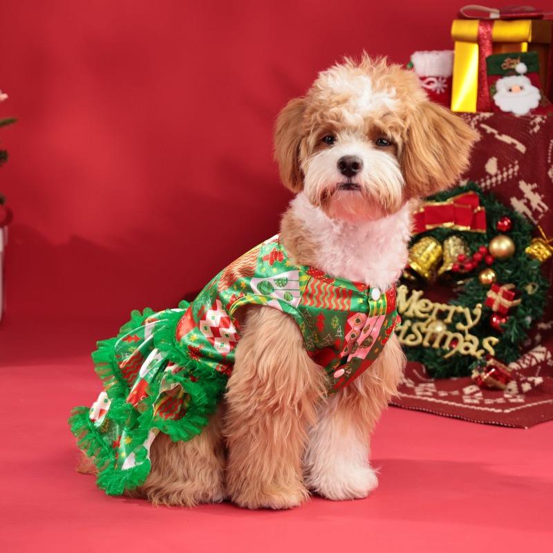 Christmas Dog Princess Dress Christmas Tree Print Mesh Skirt Pet Clothing Dog New Year Atmosphere Clothing Pet Supplies