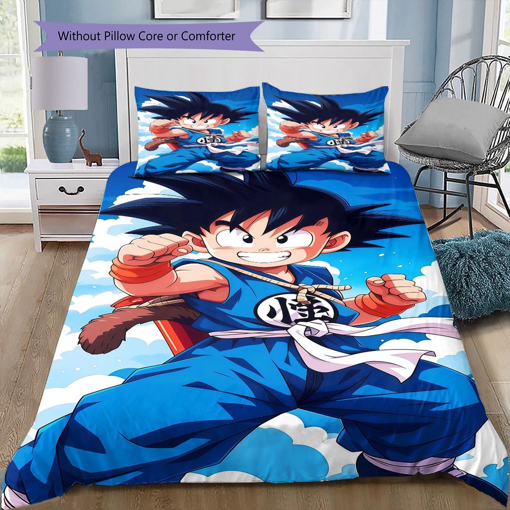 Son Goku Pattern Bedding Quilt Set Quilt Cover Pillowcase Home Birthday Gift(1 * Duvet Cover + 2 * Pillowcase, Without Core)
