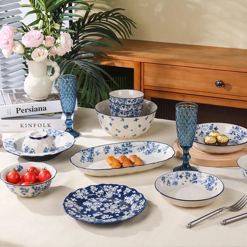 Chinese Ceramic Bowls Plates Retro Tableware Ramen Bowl Steak Dish Dessert Salad Plate Dinnerware Household Decor