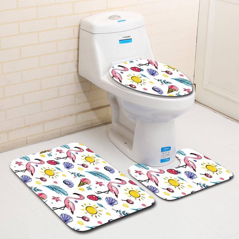 European And American Style Pink Cute Animal Flamingo Floor Mat Carpet Girl Heart Hand-Painted Illustration Toilet Three-Piece Set