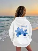Trendy Vintage Hoodie Blue Leaf Girls Children's Sweatshirt Cute Graphic Hoody Boys Autumn Winter Casual Pullover Hoodies Kids