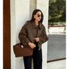 Damen Vintage Brauner Dicke Wolle Lockerer Umlegekragen Wintermantel