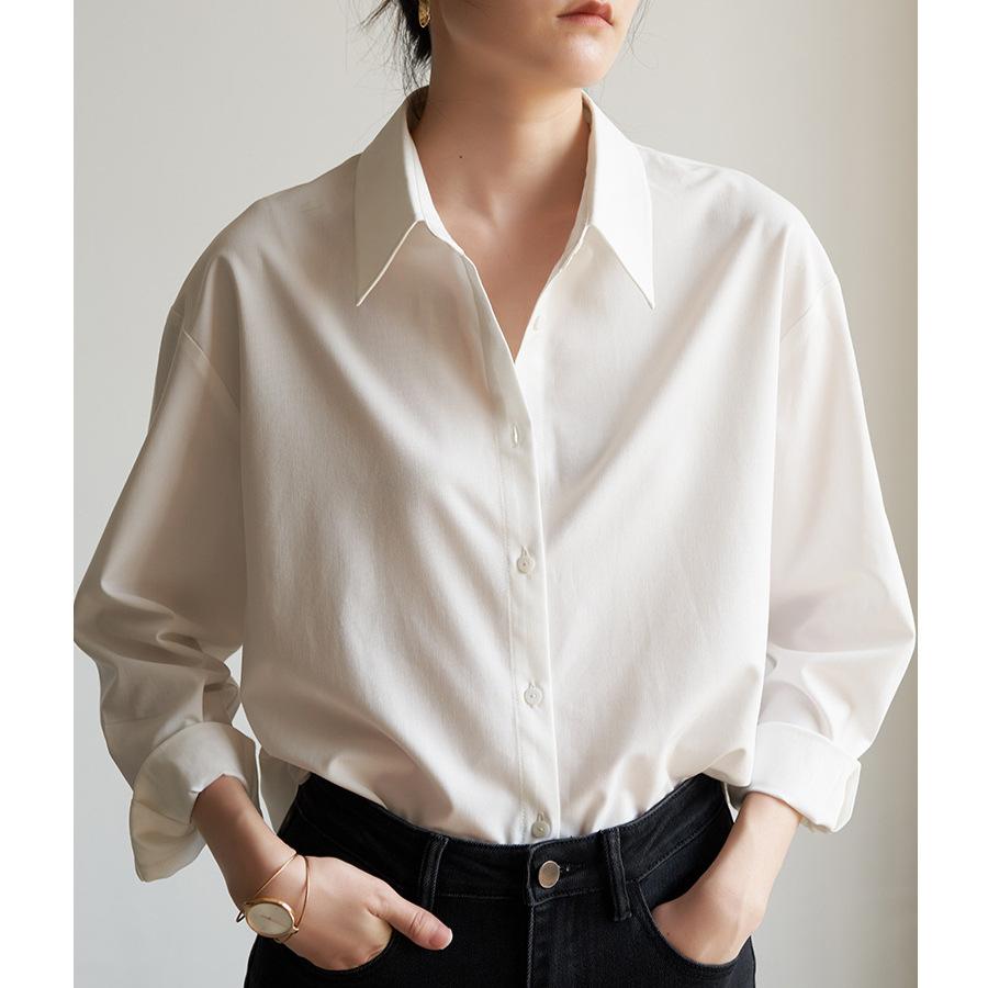 For professional commuting, layered white shirts for women, loose long-sleeve formal interview shirts